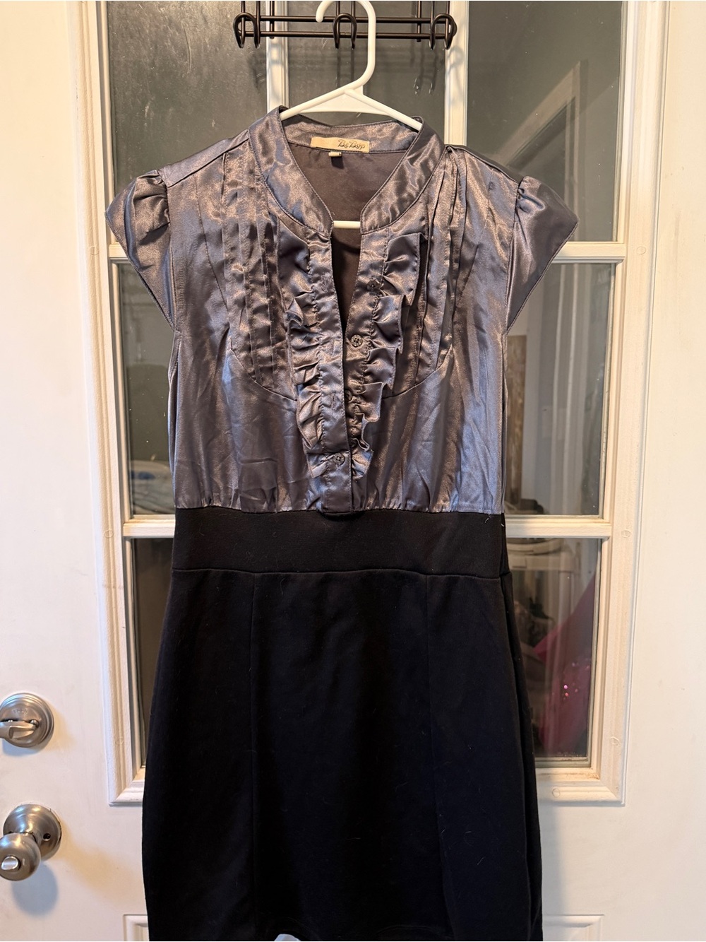 BeBop Silver Satin Ruffle-Front Midi Dress with Black Skirt